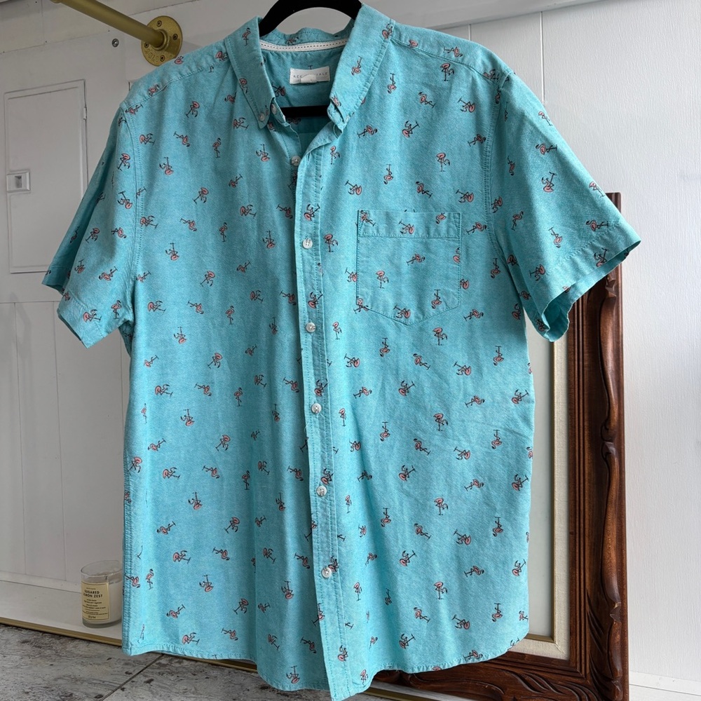 Aeropostale Flamingos Tropical Short Sleeve Cotton Button Shirt Novelty Print XL